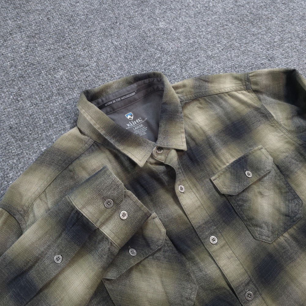 Kuhl Shirt Mens L Tan Plaid Dillingr Flannel Hiking Camp Outdoors Lodge 7186